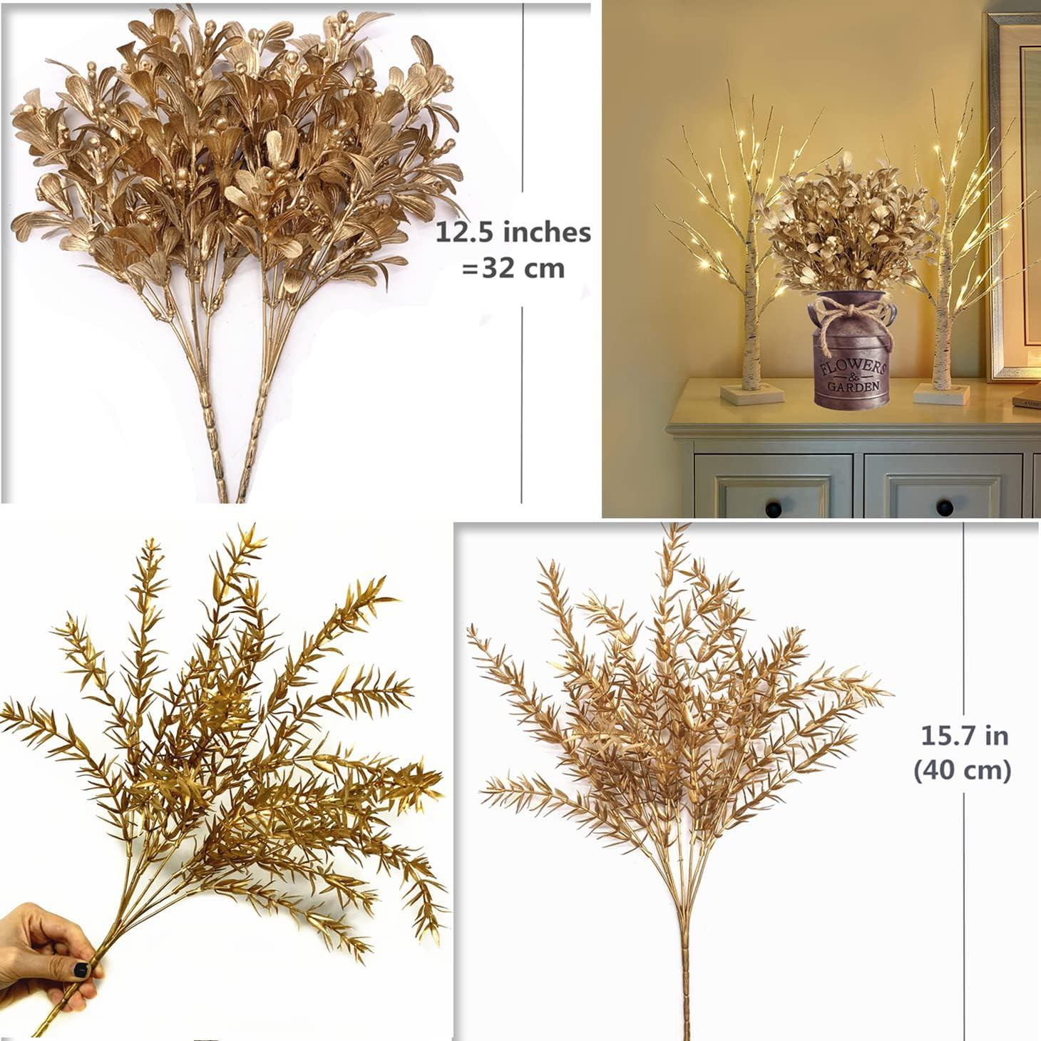 Gold Decorations Artificial Plants, Golden Berry Leaves Fake Simulation Spiky L