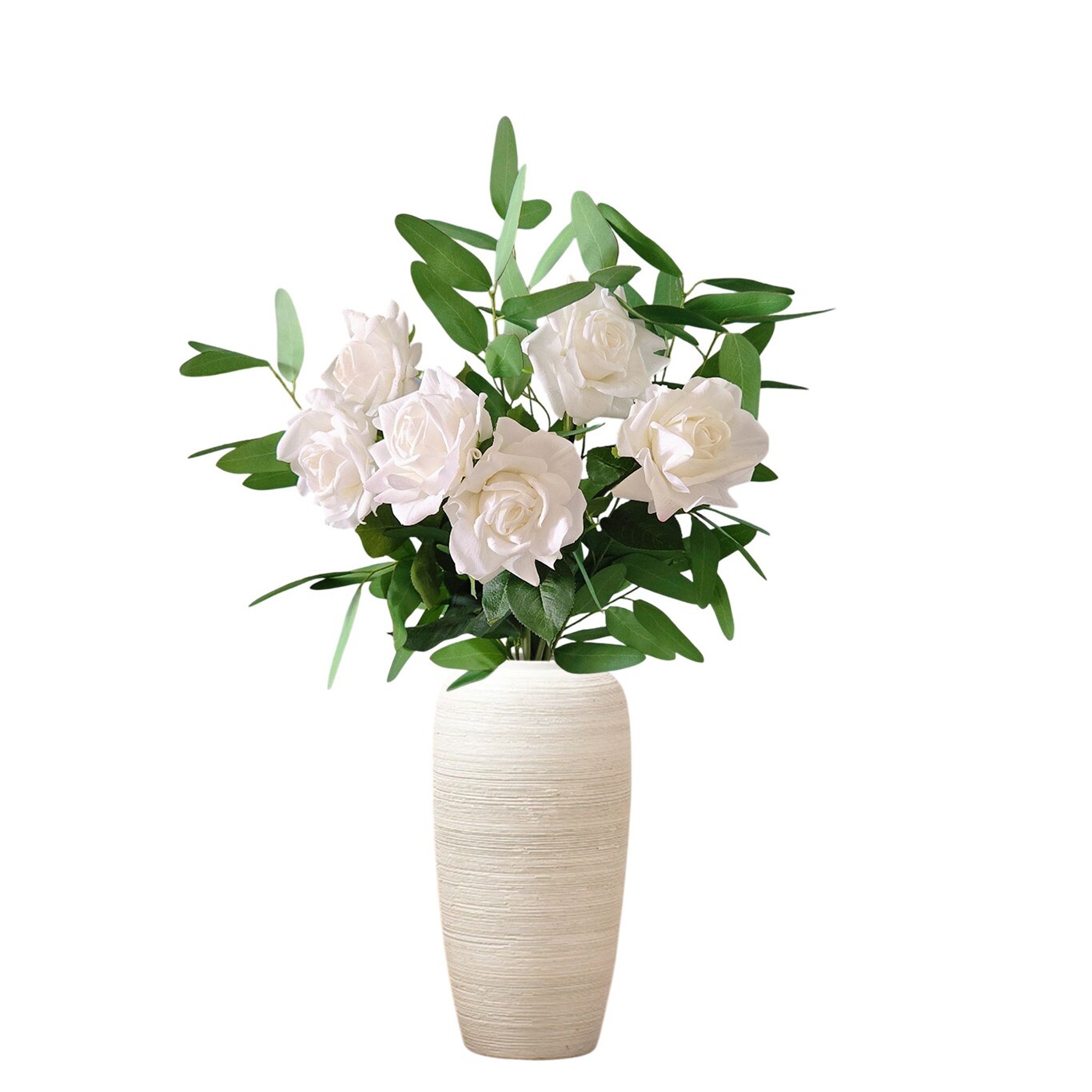 12pcs Artificial Natural White Rose Eucalyptus Leaves Bouqute