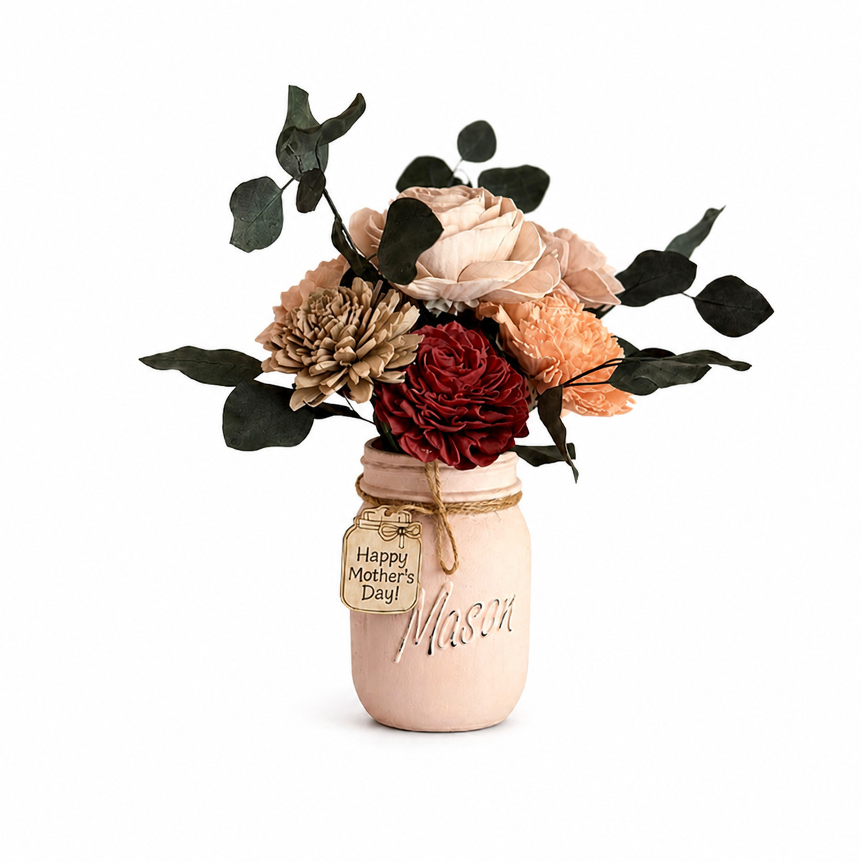 Sola Wood Flower Arrangement Pink Mason Jar Custom Tag Gift for Her Mom Decor