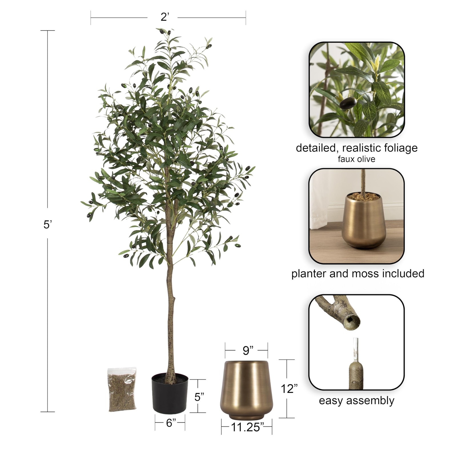Oliveira Faux Olive Tree with Portell Metal Planter Pot, 5 FT, Antique Brass,…