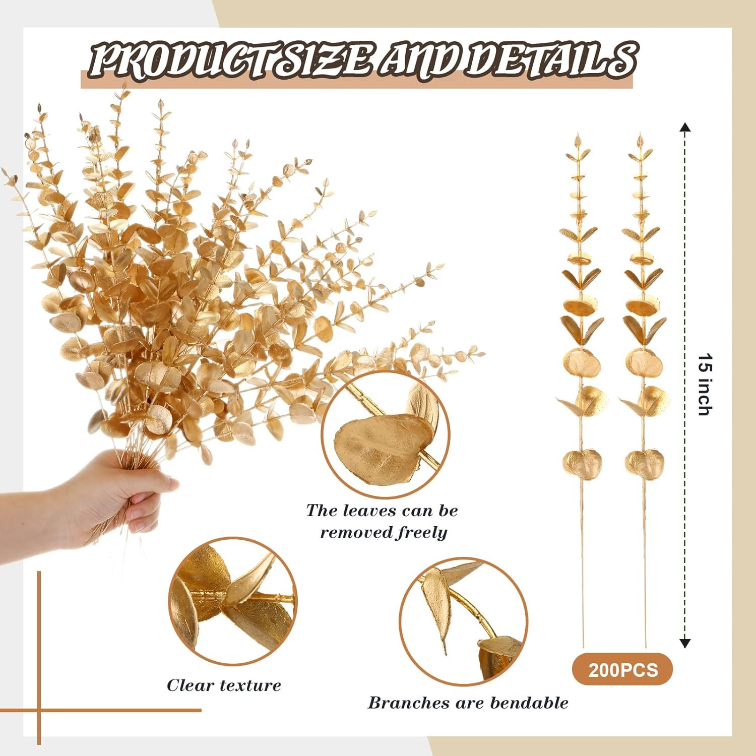 200Pcs Gold Eucalyptus Stems – 15In Decor for Home & Wedding Centerpieces
