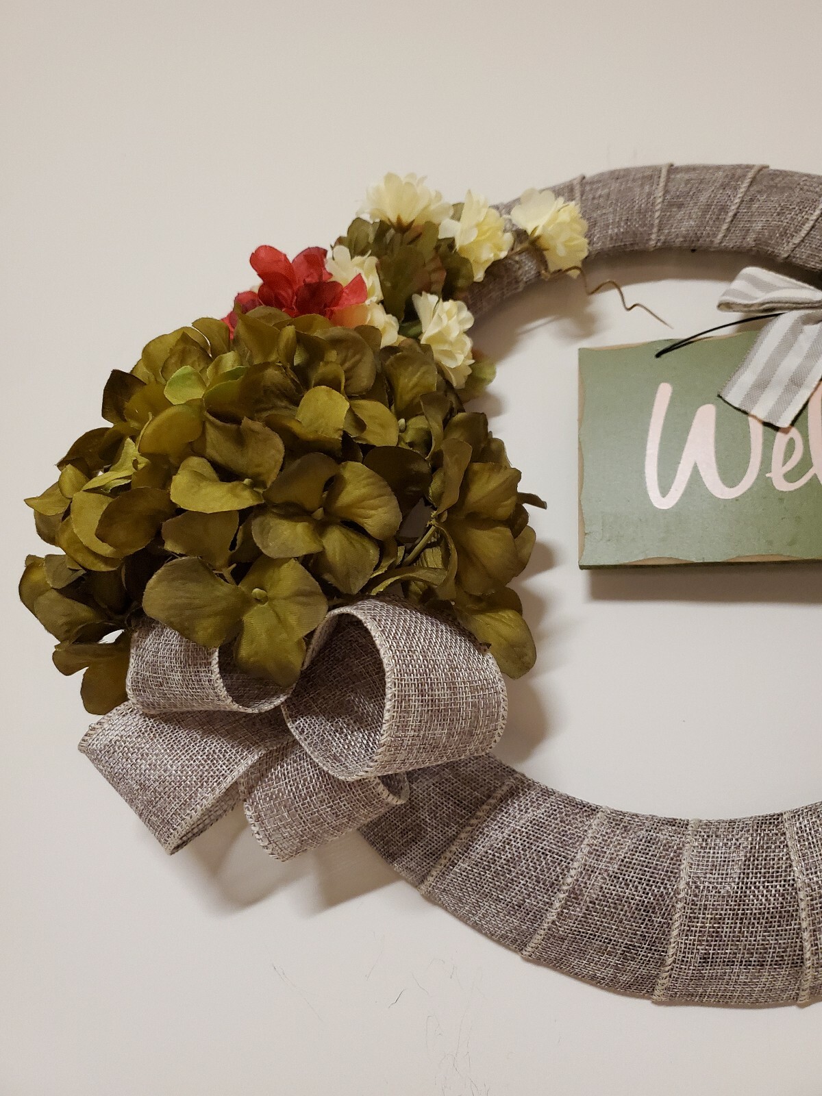 WELCOME wreath FLOWER Hydrangeas Mums burlap FALL autumn Decor Front Door 15