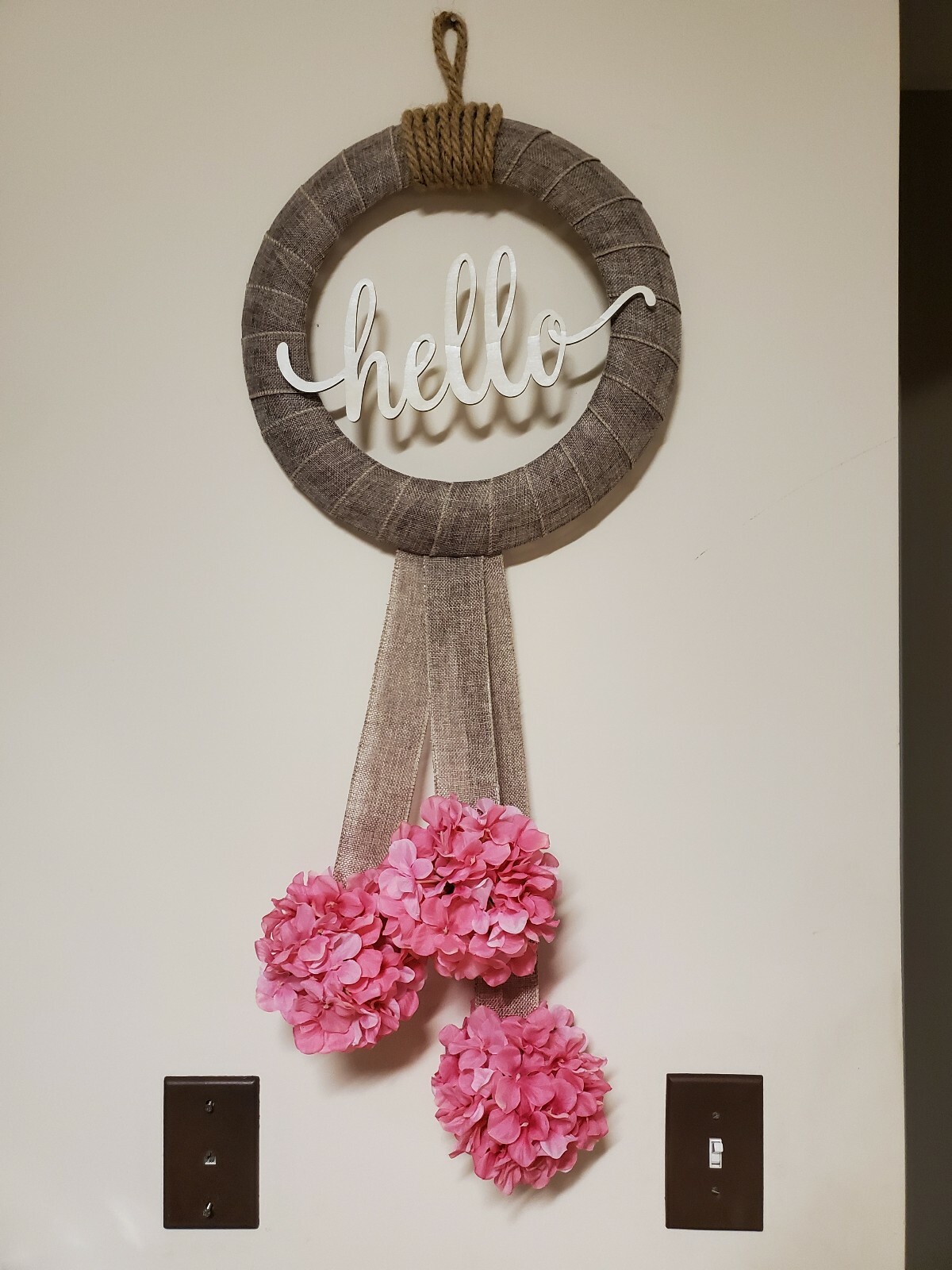 HELLO wreath FLOWER Pink Hydrangeas burlap Decor Front Door Nautical Rope hook