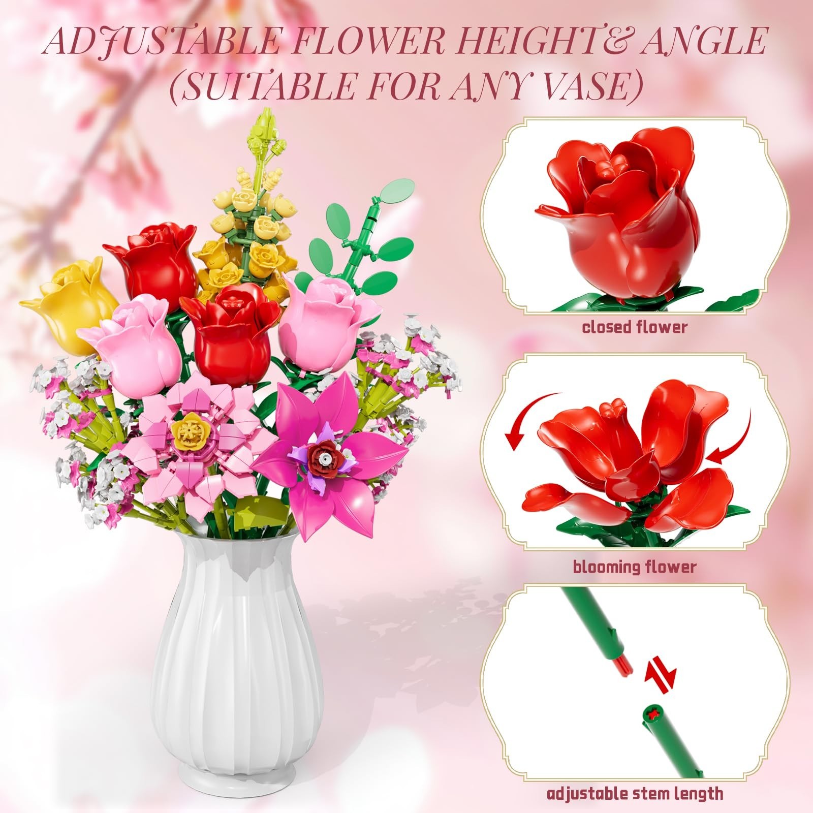 Pink Roses Building Set – 765 PCS Botanical Block Toy for Home Decor & Gifts