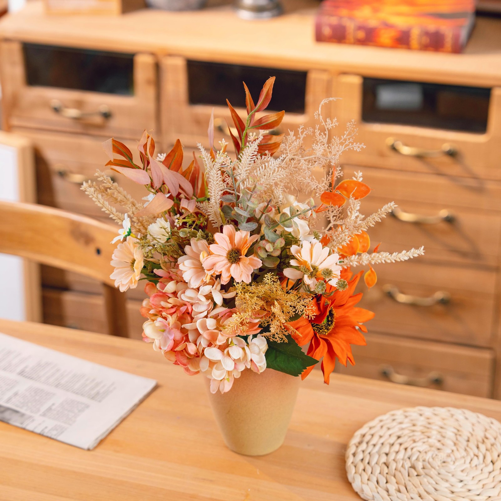 Artificial Fall Flowers Bouquet With Vase Faux Daisy Sunflower Table Centerpiece