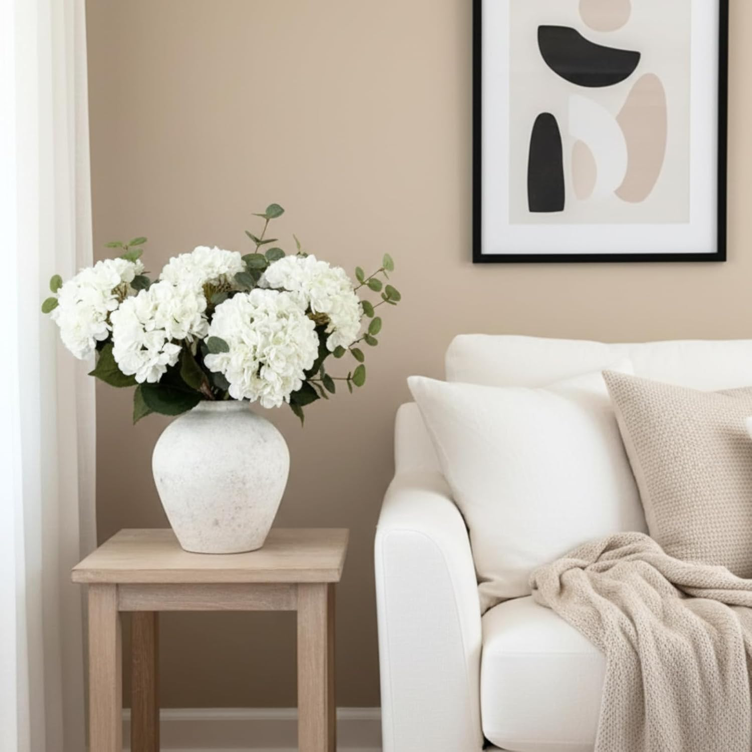 Real Touch White Faux Hydrangea and Eucalyptus Arrangement, Faux Floral Arrangem