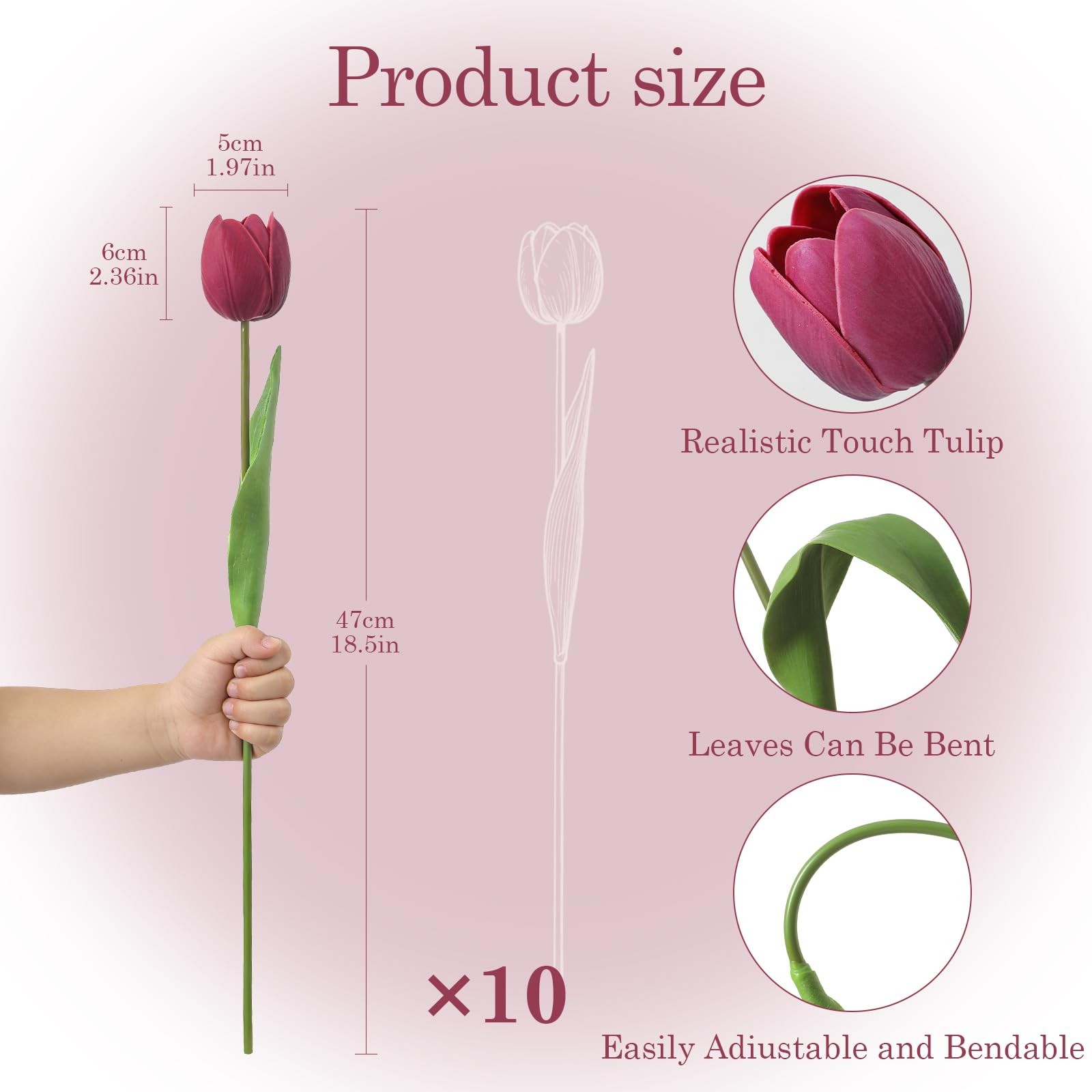 Deep Red PU Artificial Fake Tulips Flowers Spring Wedding Bouquet 18.5 Inch