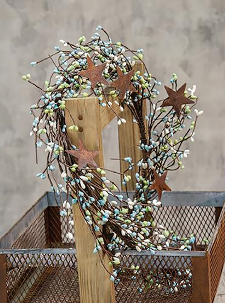 Pip Berry Garland w/ Rusty Tin Stars – 40″ L – Seabreeze – Blue Green Off White