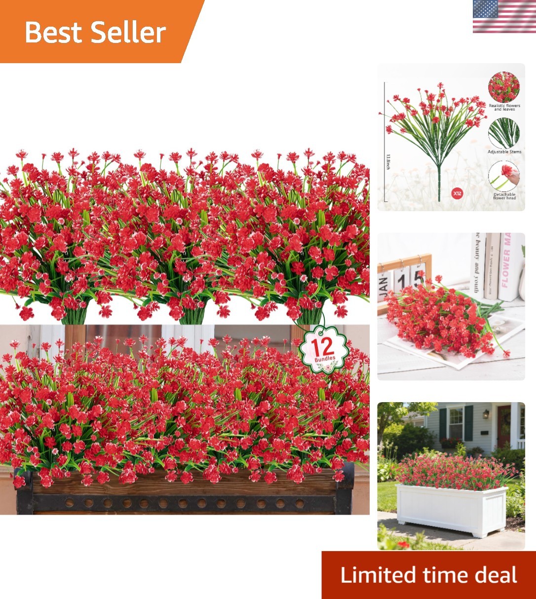 Lifelike Red Artificial Flowers – Set of 12 Bundles for Indoor and Outdoor Décor