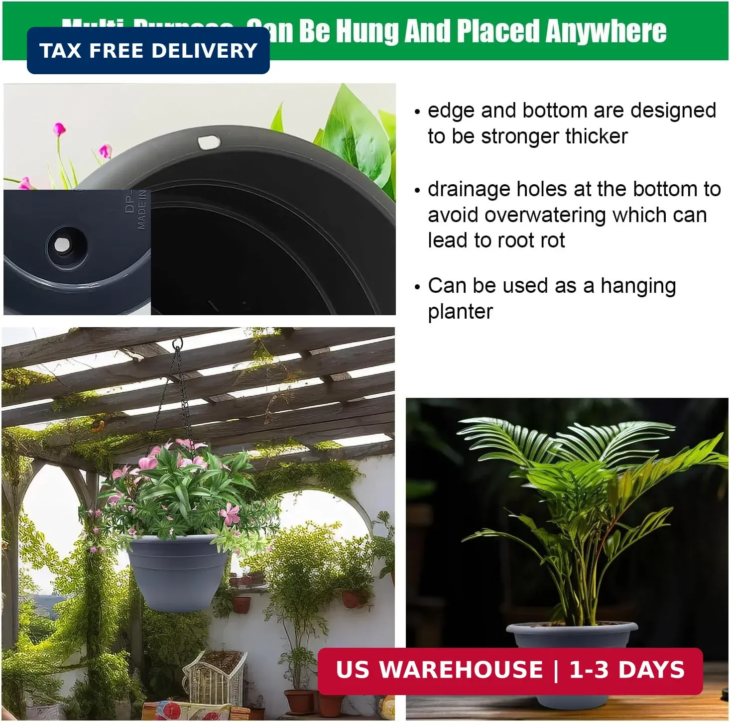 RooTrimmer 5 Pack 10 Inch Plant Pots for Indoor Outdoor,Plastic Floor Planters w