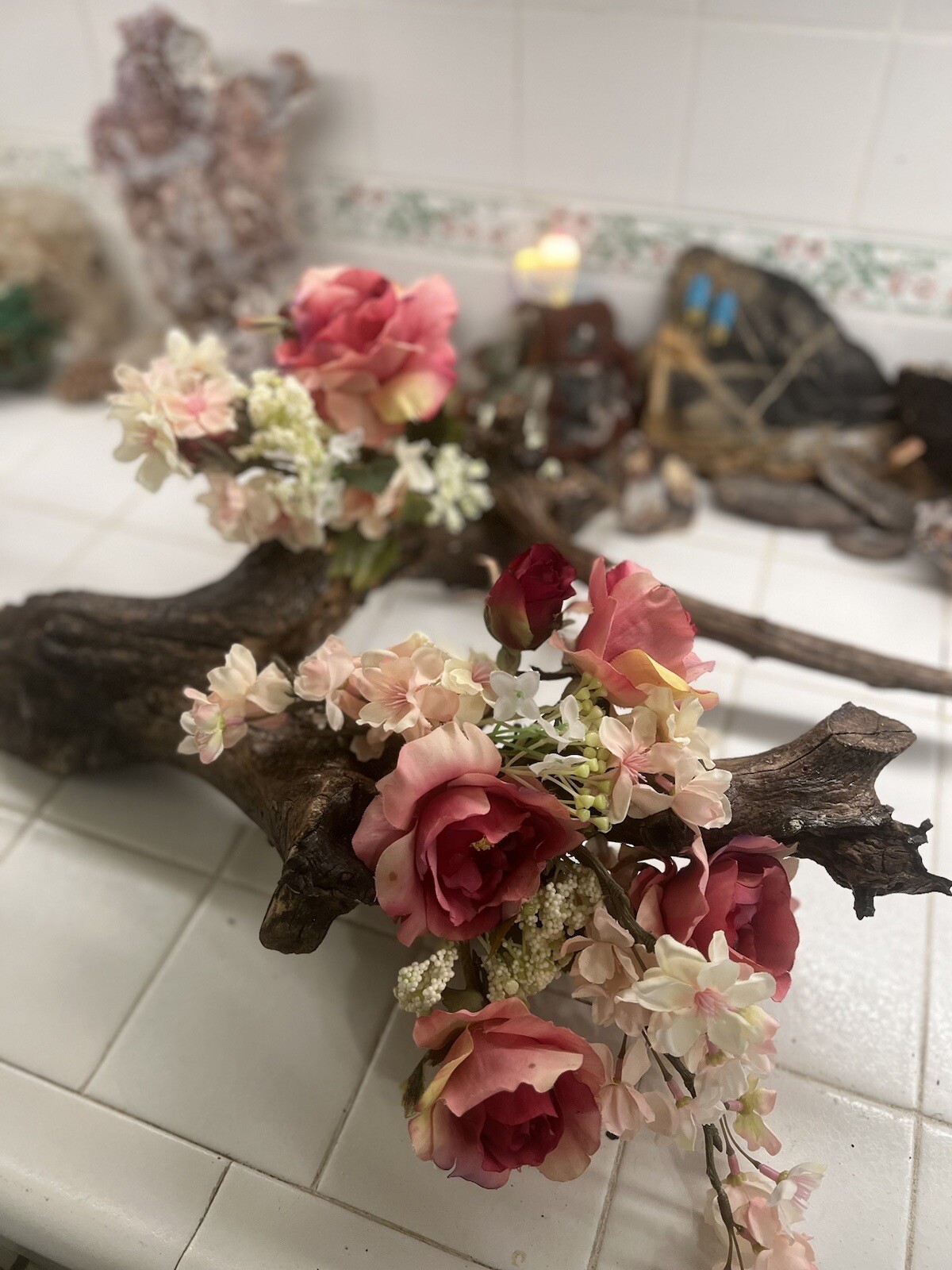 ORIGINAL FLORAL DESIGN WOOD BASE, ROSES, PEACH BLOSSOMS MOSSES BABY BREATH
