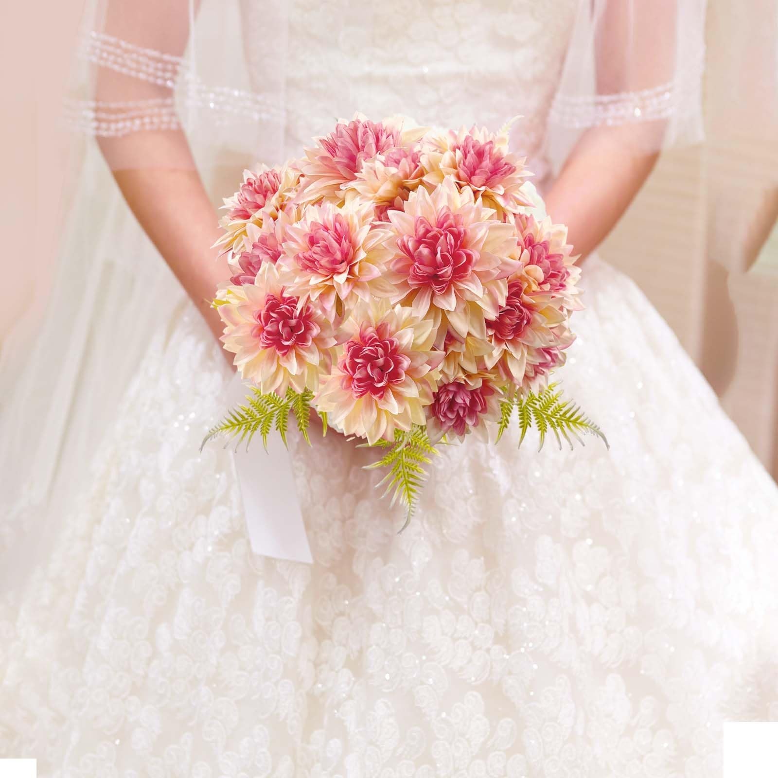 14 Blooms Artificial Dahlia Flowers, 2 Bunches Gradient Pink Fake Dahlias wit…