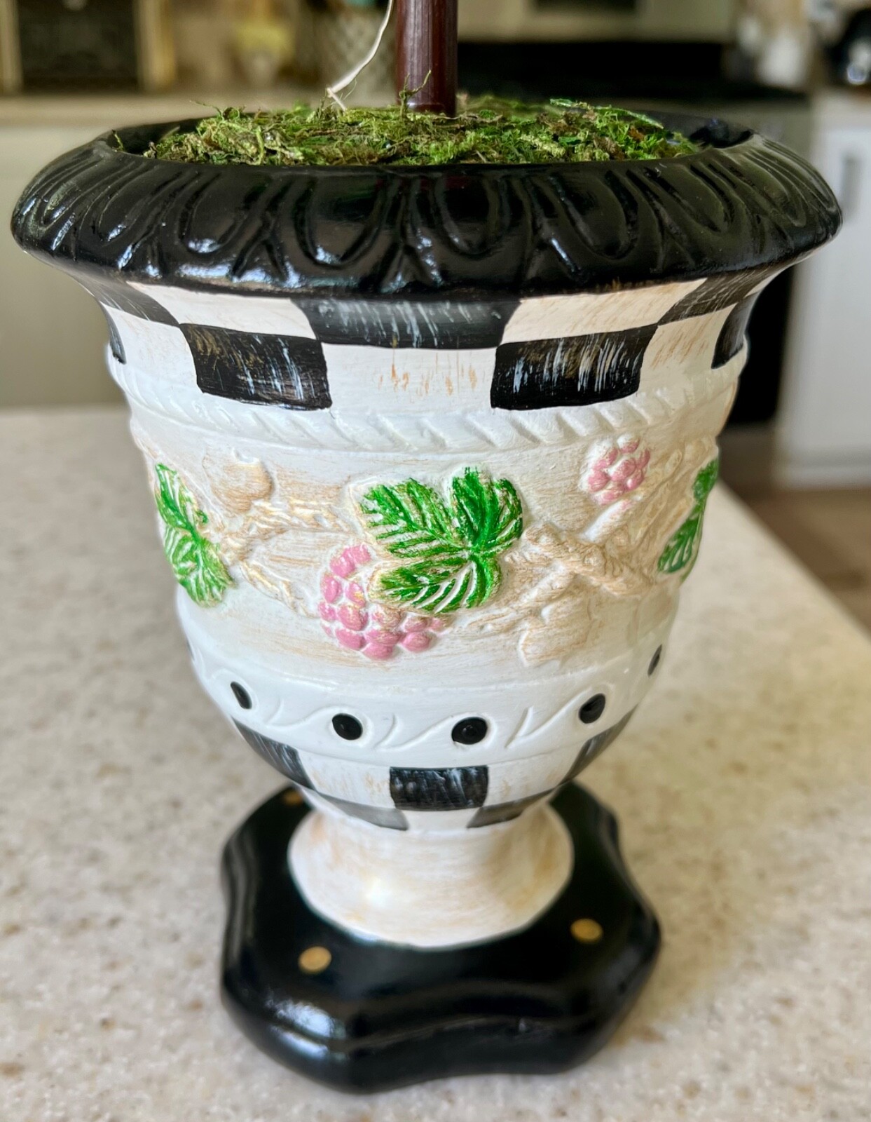 Hand Painted Ivy Floral Rose Topiary – Designer Inspired – Black & White Check