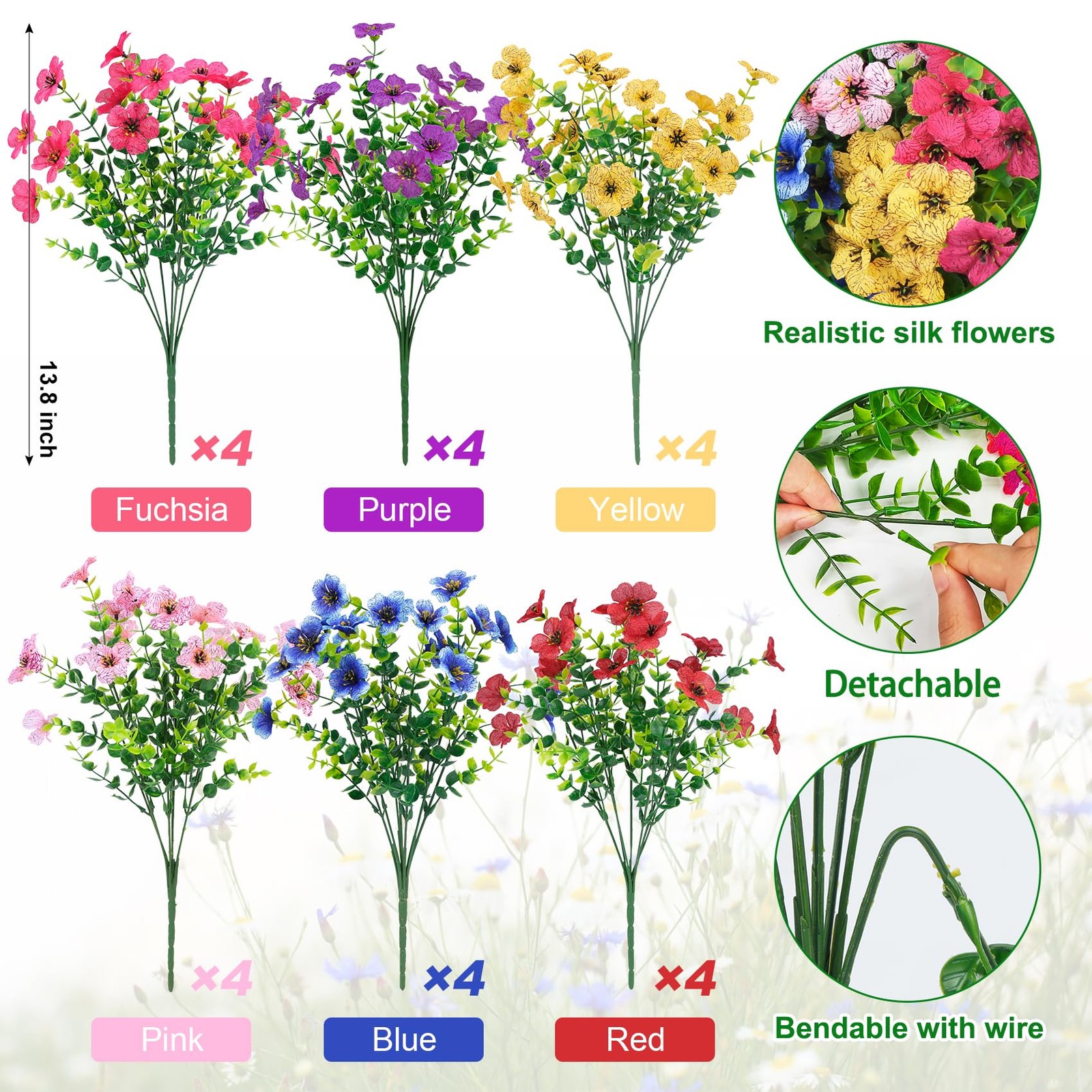 24 Pcs Artificial Flowers for Outdoors Decorations, Multicolor