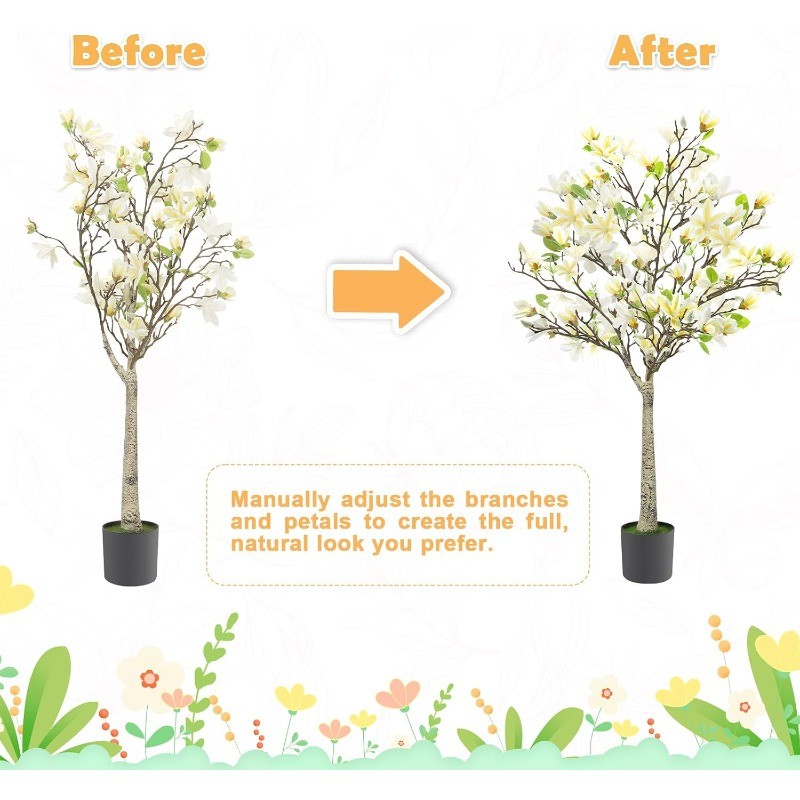 4FT Faux Magnolia Tree in Pot,Artificial Flower Plant with Blooms for Home Decor