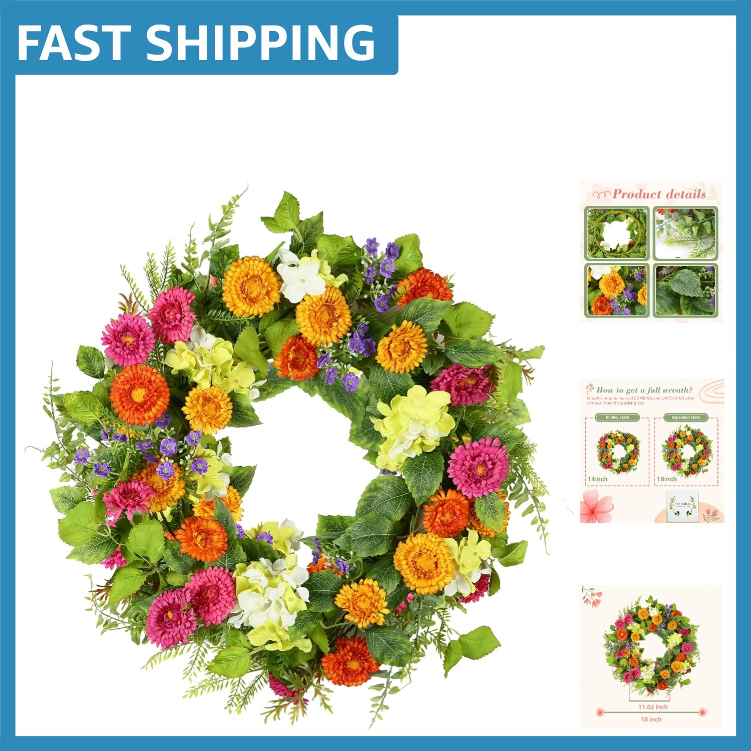 18-Inch Spring Summer Wreath with Colorful Daisies & Green Leaves for Your Door