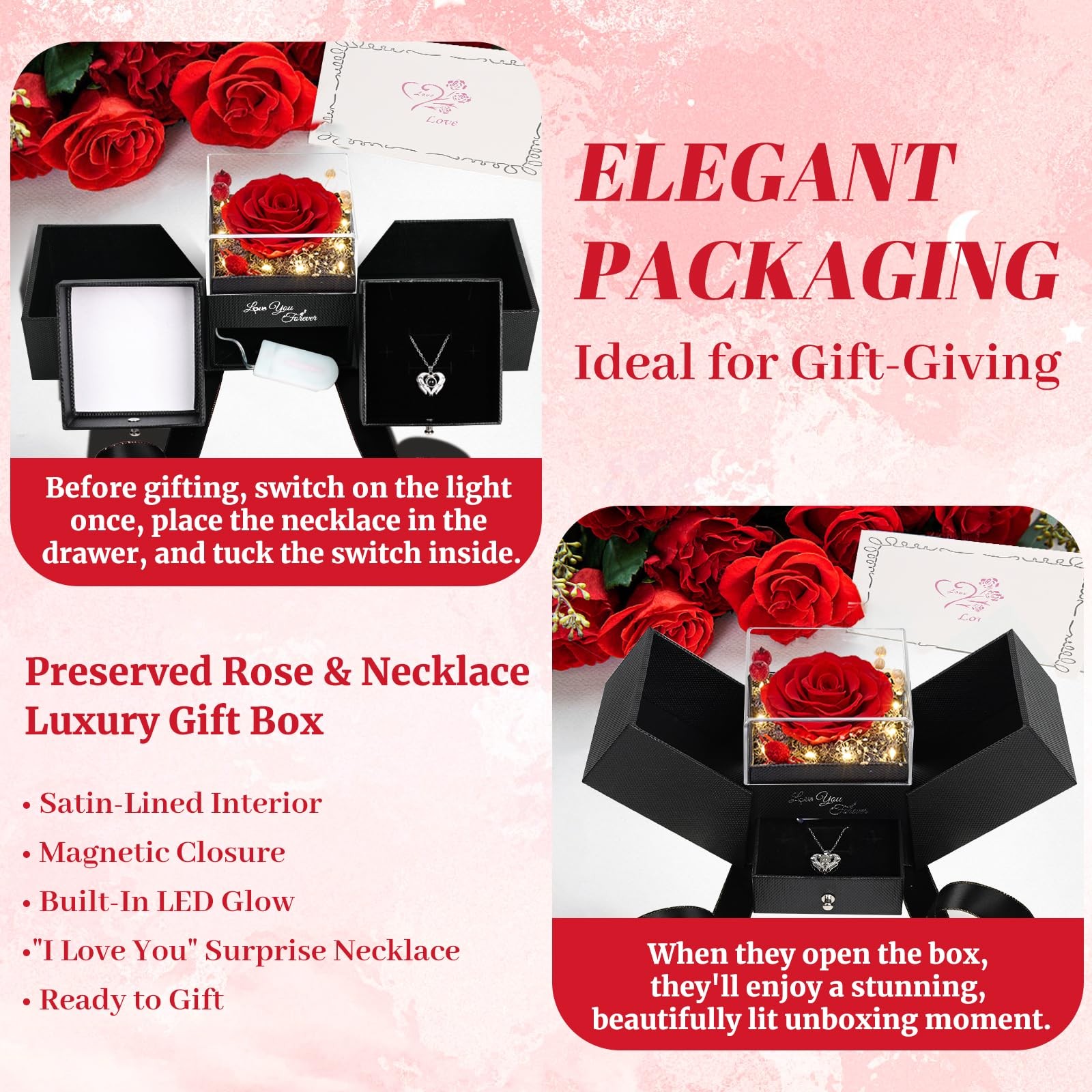 FIACO Gifts for Women Preserved Real Roses with I Love You Necklace Fresh For…