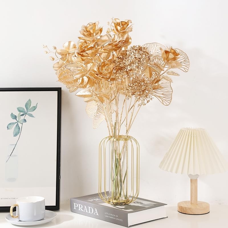 5 Pcs Artificial Golden Roses Flowers 20 Inches Artificial Rose Fake Rose Flo…