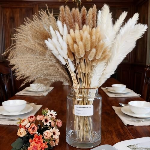 17 Inch Beige & White Dried Pampas Grass Bouquet, Bunny Rustic Glow Bouquet