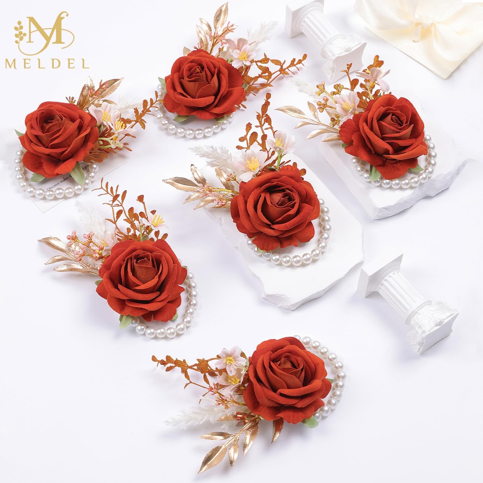 6 PCS Orange Velvet Rose Wrist Corsage Wedding Bridal Flower Prom Party