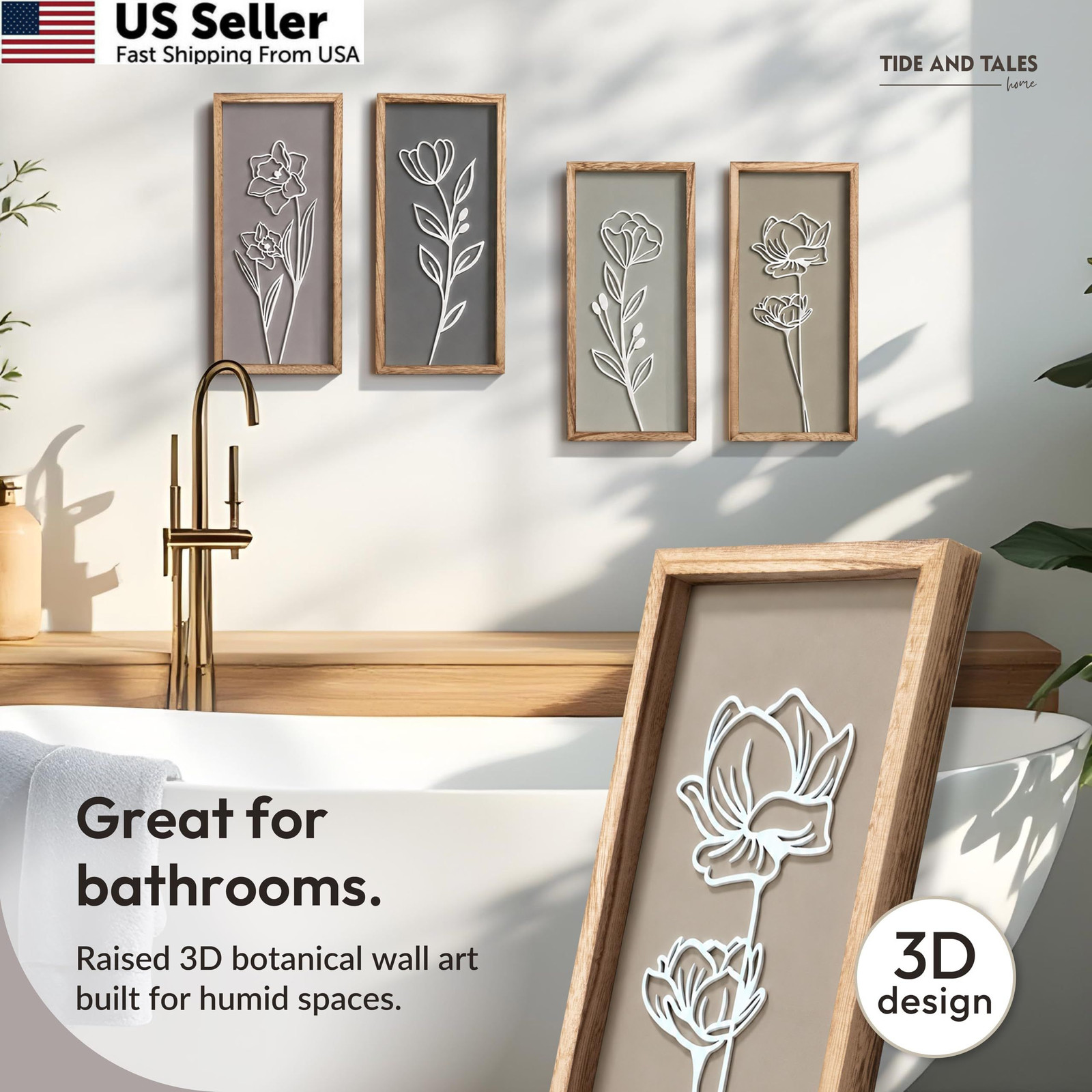 3D Wooden Floral Bathroom Wall Decor (Set of 4) 7″ x 16″, Naturals