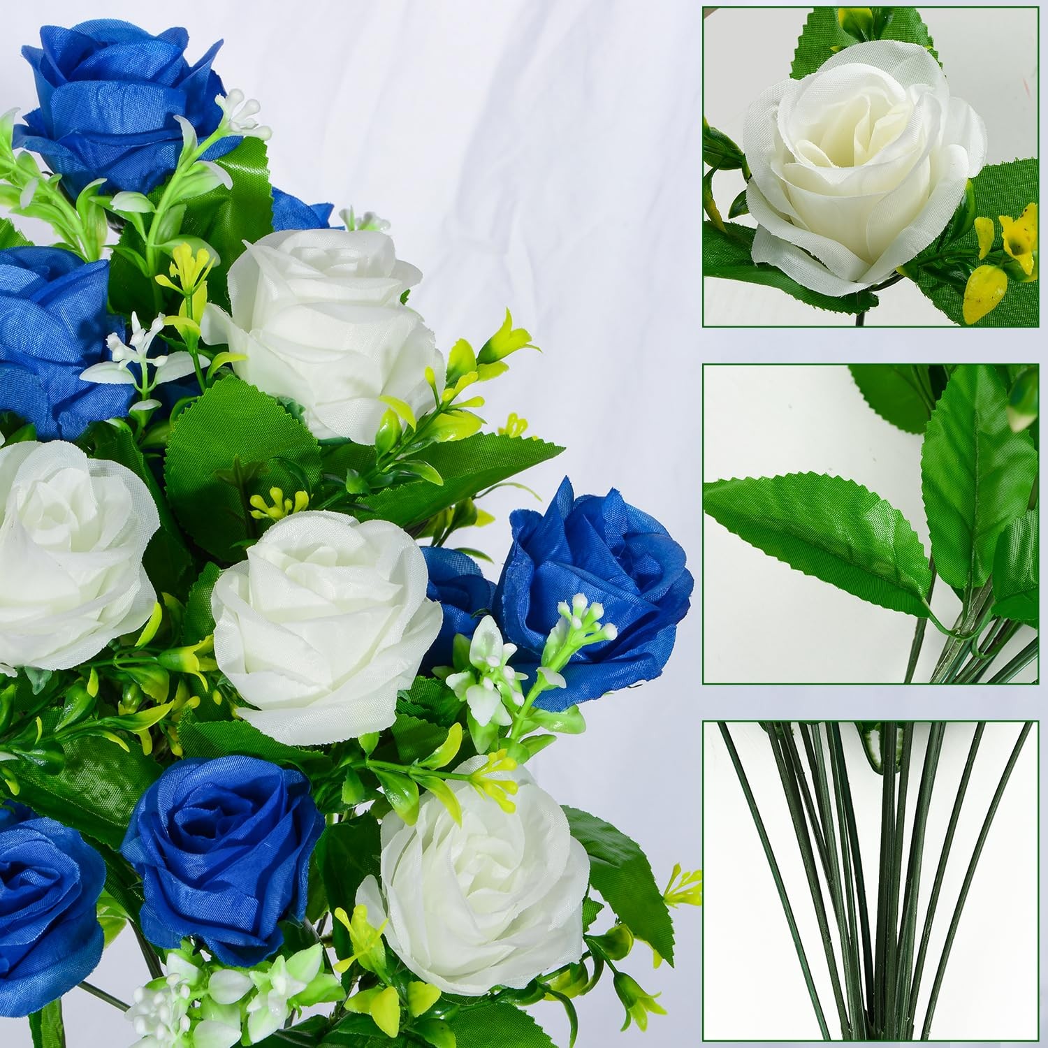 Artificial Cemetery Flowers Rose Bouquet Vase Headstones Dark Blue White 2 PCS