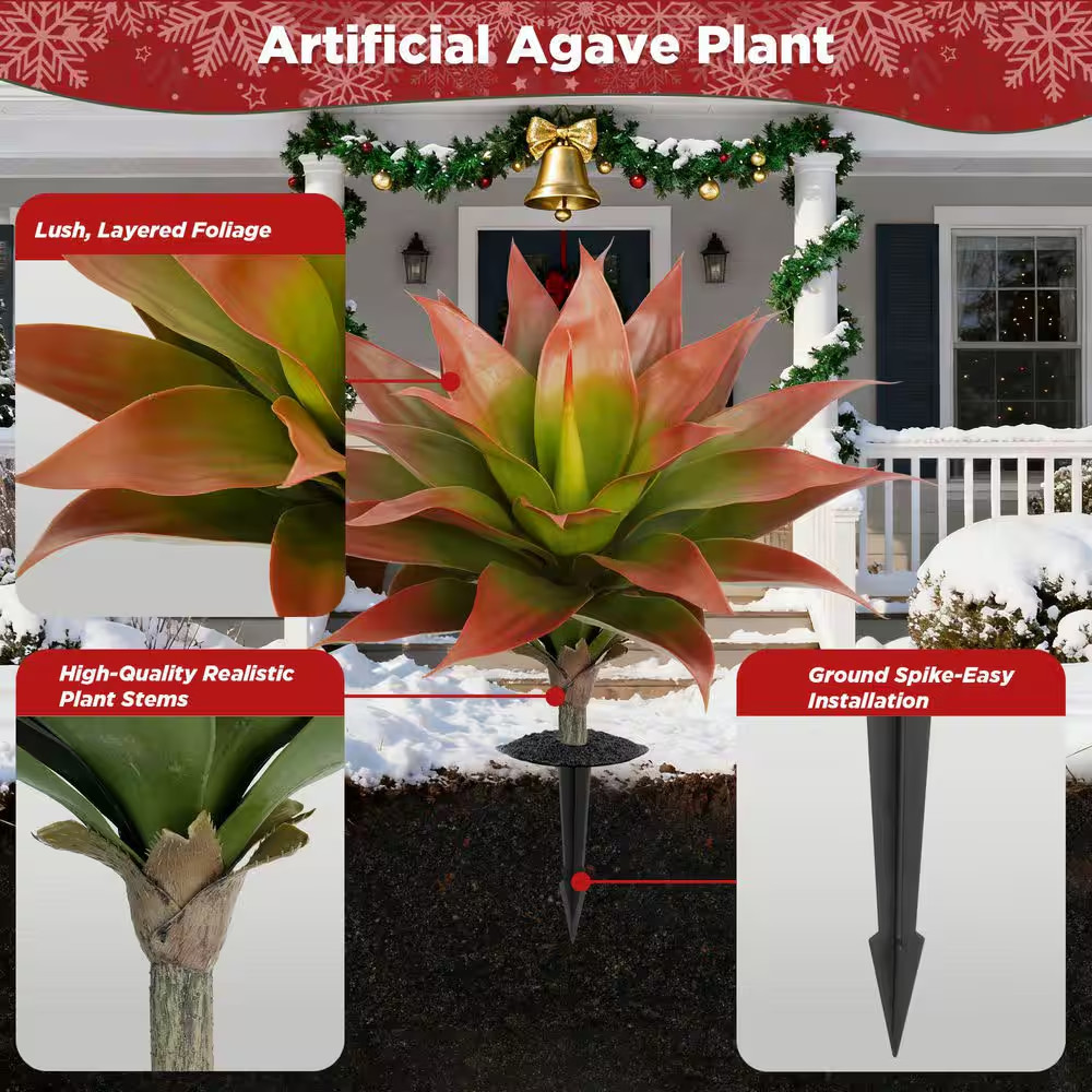 Artificial Agave Plant Outdoor Faux Succulent Garden Decor Red Green Set 2