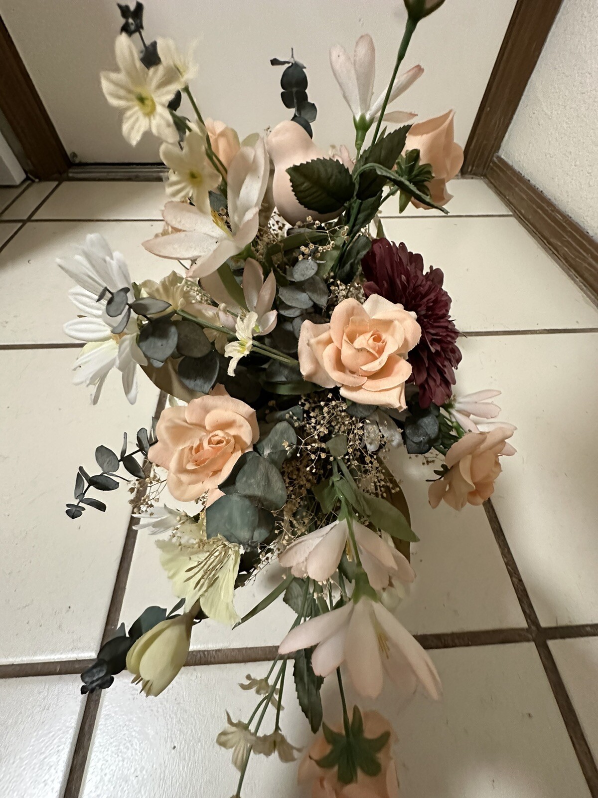 Silk Floral Arrangement Antiqued Brass Planter 18″W X 12”T Eucalyptus & Various