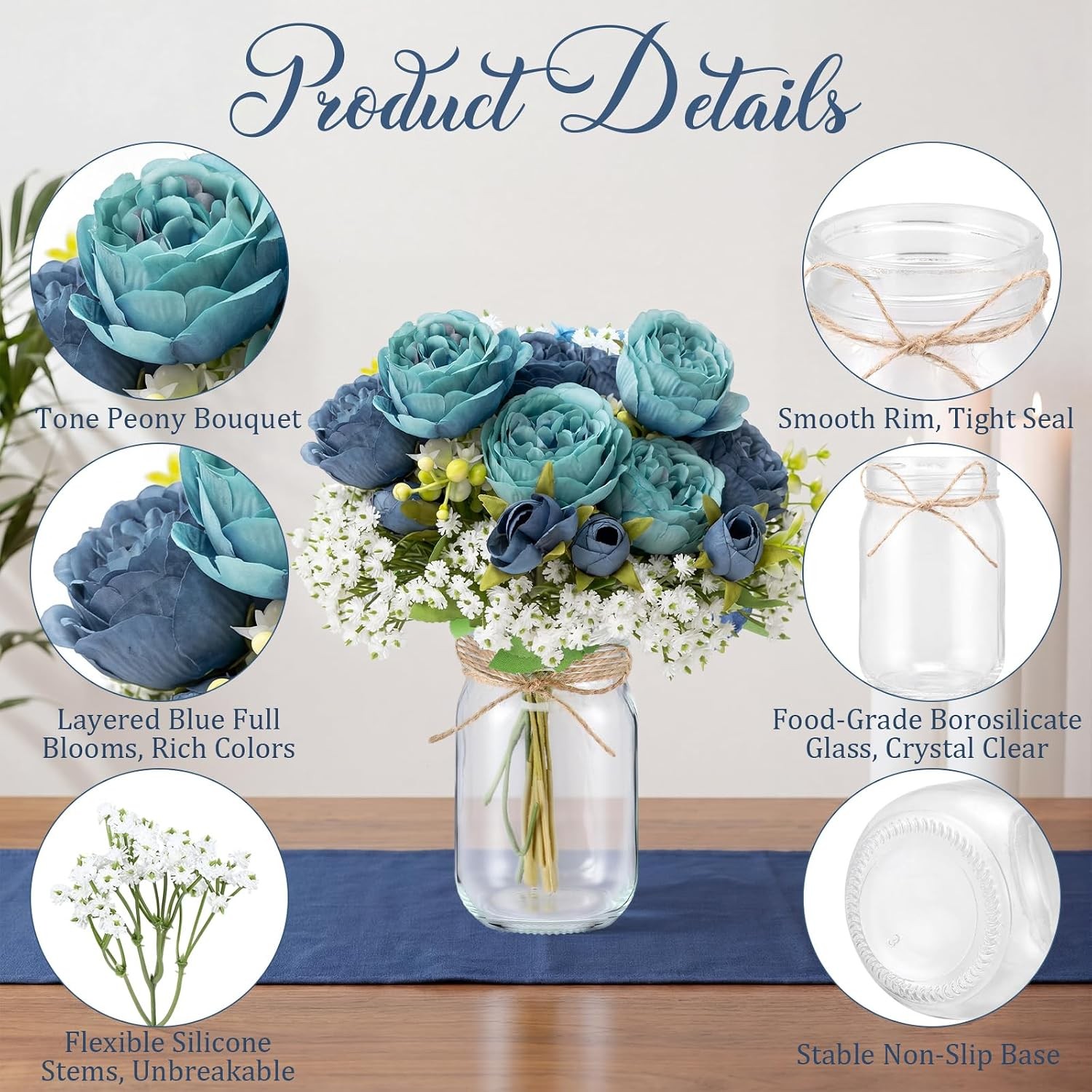 12 Sets Mason Jar Centerpiece Table Decorations Blue & Teal Peony W/ Baby’s
