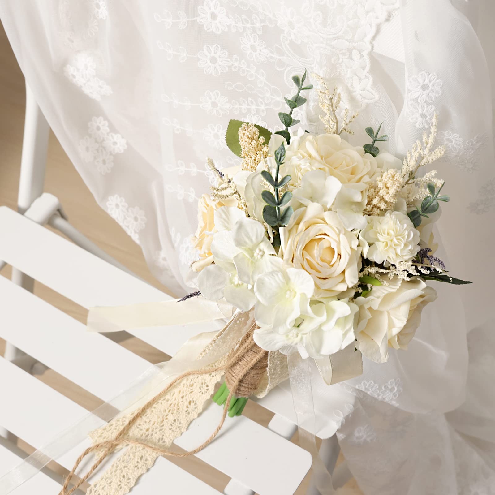 Wedding Bouquets for Bride Bridesmaid, White Champagne Artificial Roses Flowe…