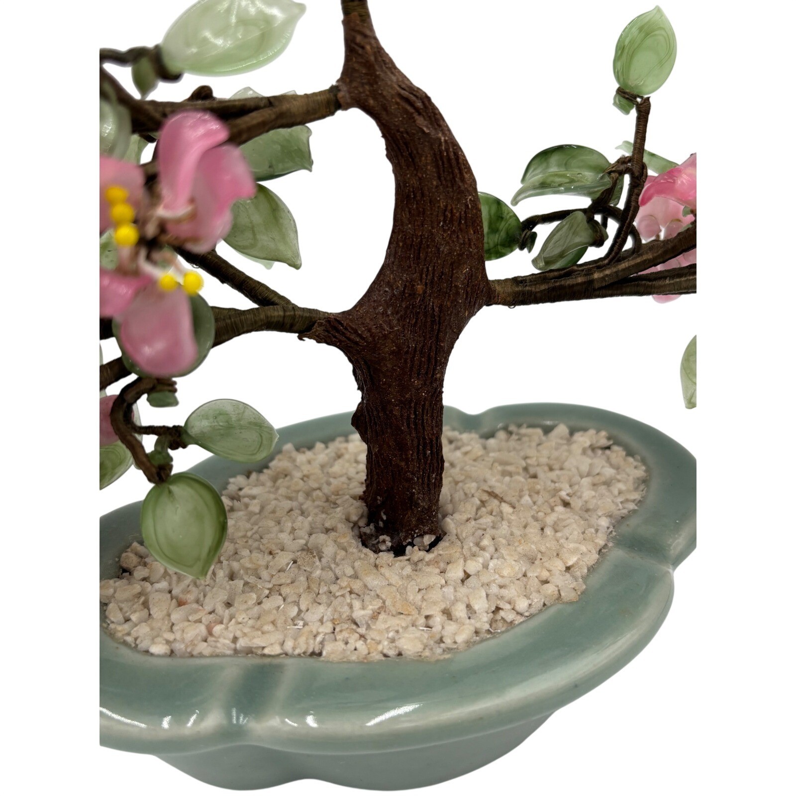 2 Vintage Artificial Bonsai Tree Set Juniper and Flowering Glass Cherry Blossom