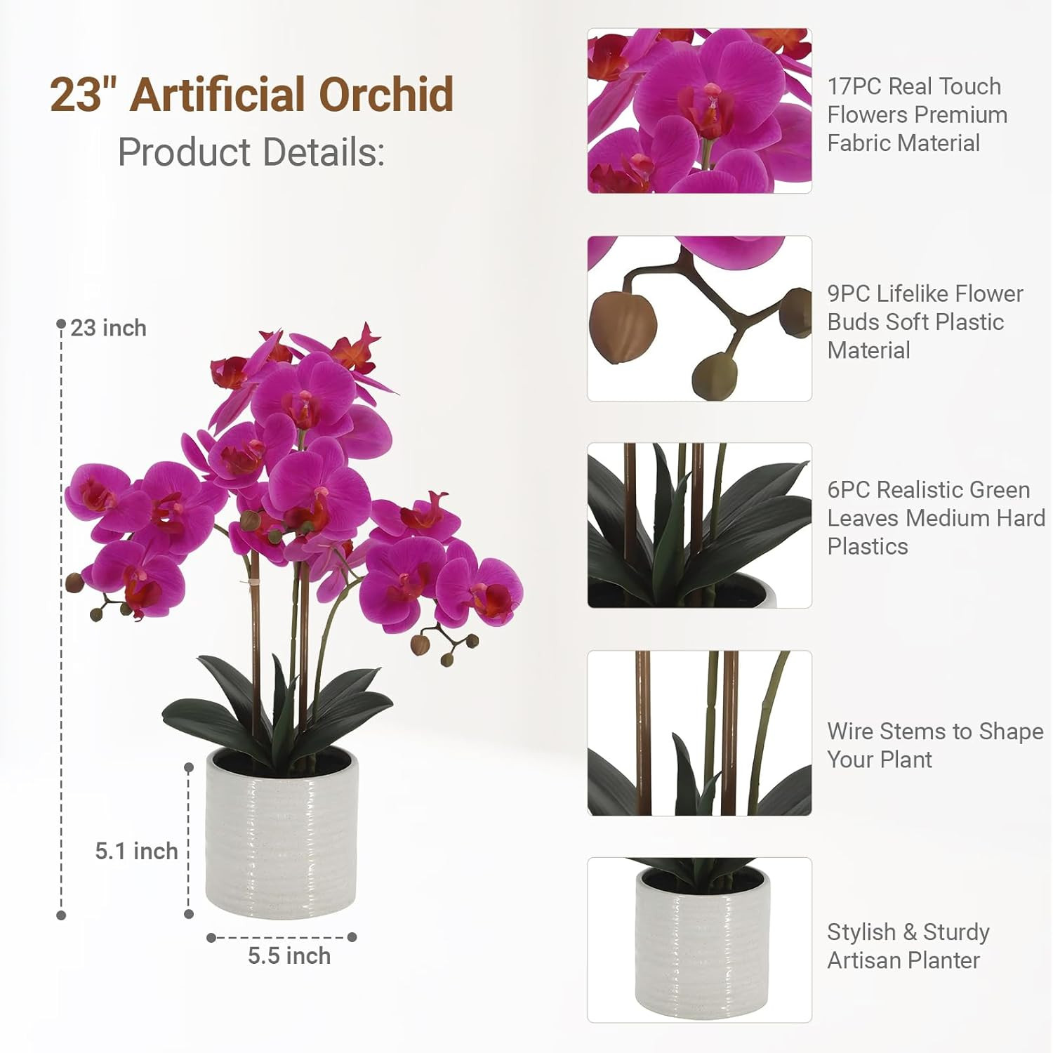 Realistic 23″ Dark Pink Fake Orchid Plant for Home & Office Decor