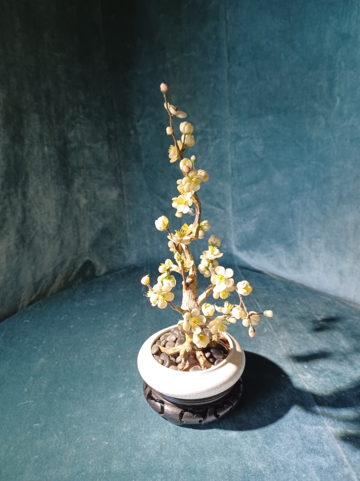 Bonsai Tree Vintage Retro 14″ Artificial Plum Blossom ceramic pot wood pedestal