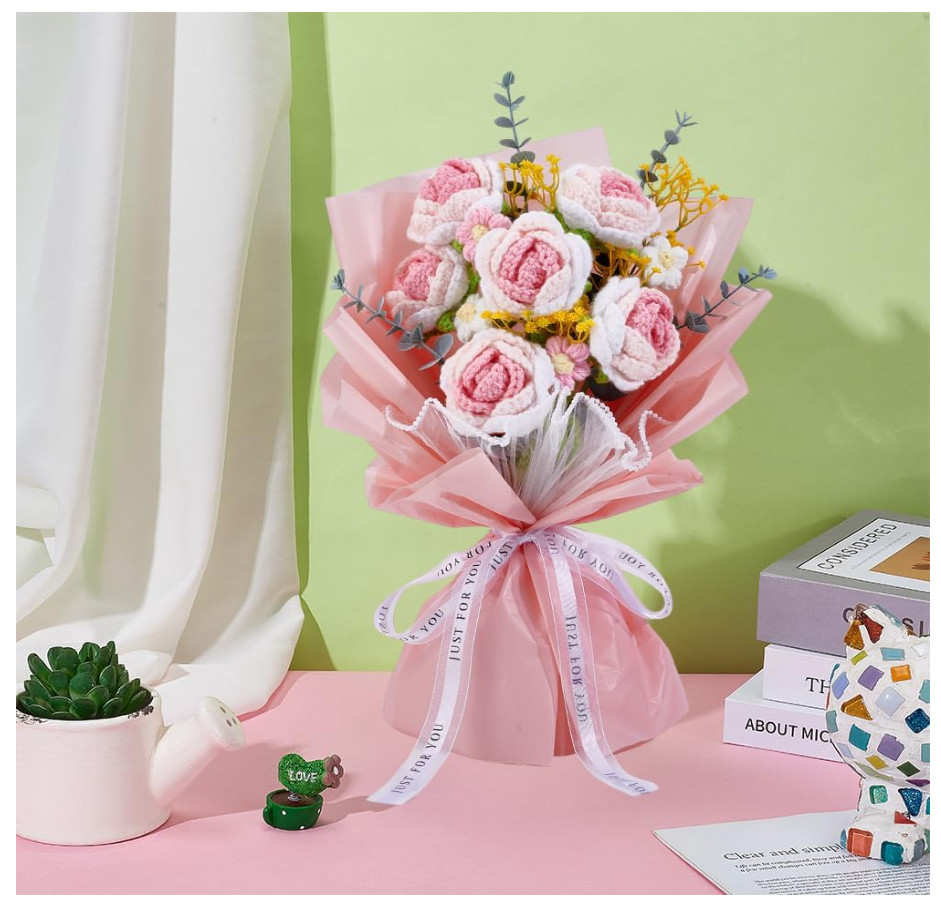Handmade Gift for Valentine’s Day Crochet Flower Bouquet Pink Gradient Rose
