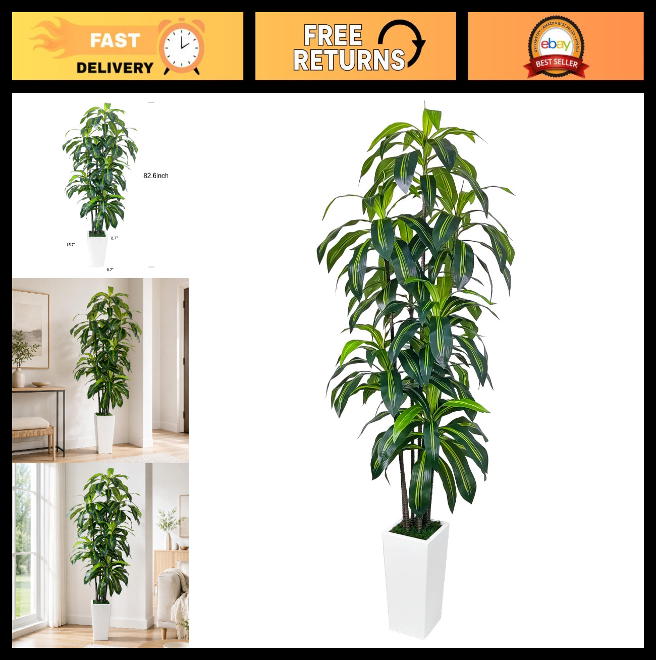 7FT Artificial Dracaena Tree – Tall Fake Plant with White Planter for Home Decor