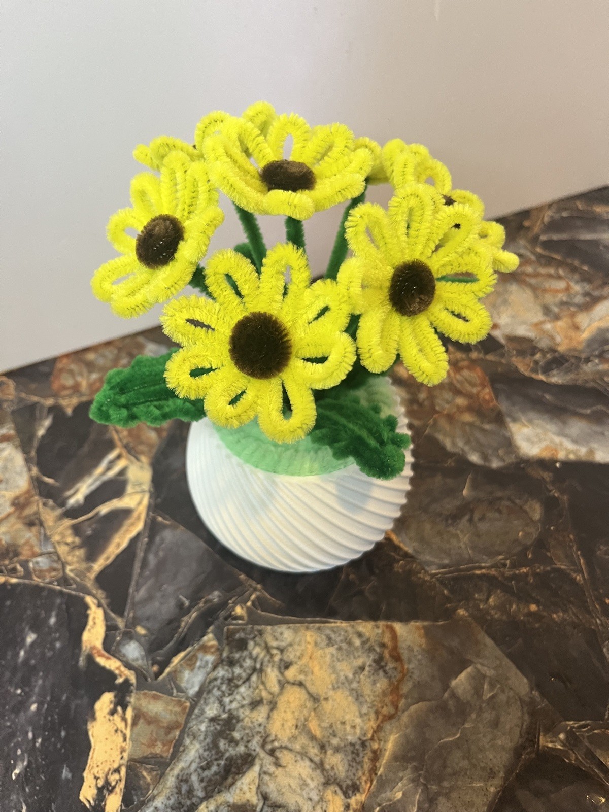 Handmade Yellow PipeCleaner Flowers inWhitePot-Artificial Sunflower Craft Decor
