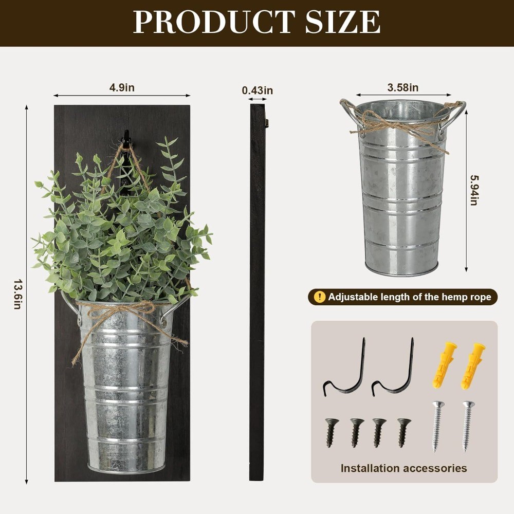 Set of 2 Wood Hanging Planters with Artificial Eucalyptus, Wall Decor