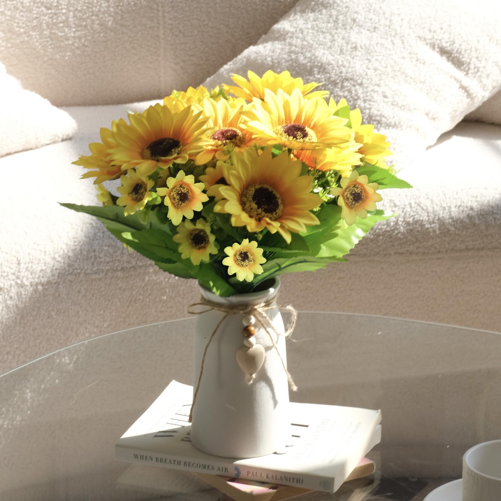Sunflower Arrangement Cream Vase Silk Flowers Jute Rope Heart Table Decor
