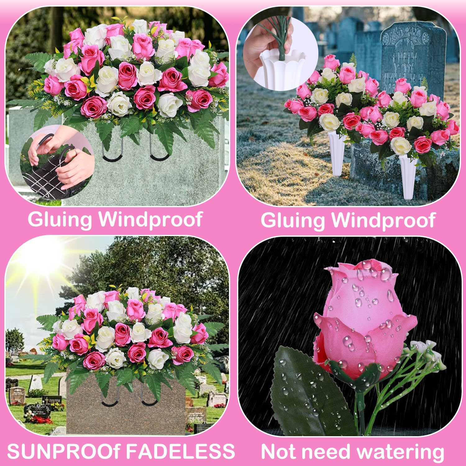 3 Pcs Artificial Cemetery Flower Saddles, Rose Headstone Flower Saddle,Cemetery