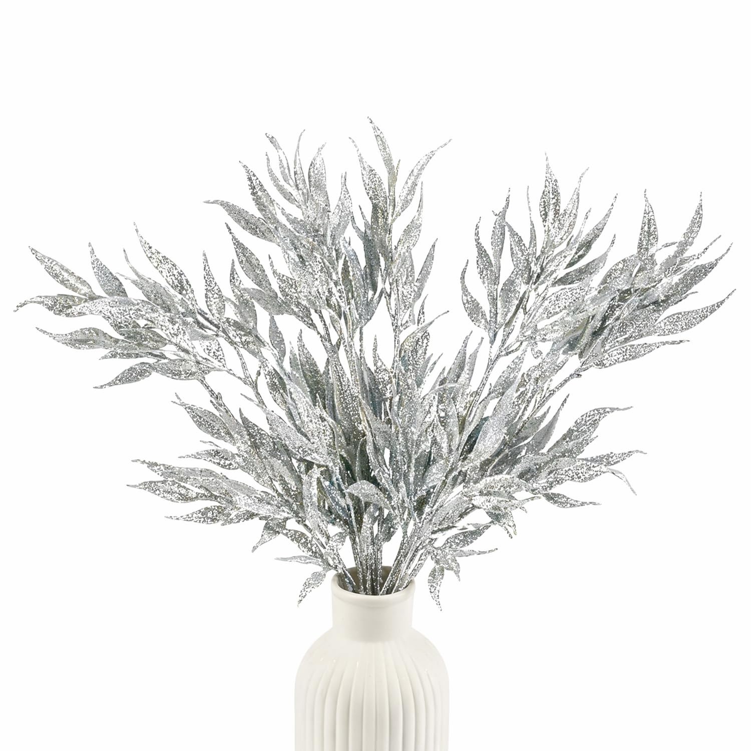 Artificial Silver Glitter Leaf Stems, Indoor Home Decor, Plastic, 13 Inches, …