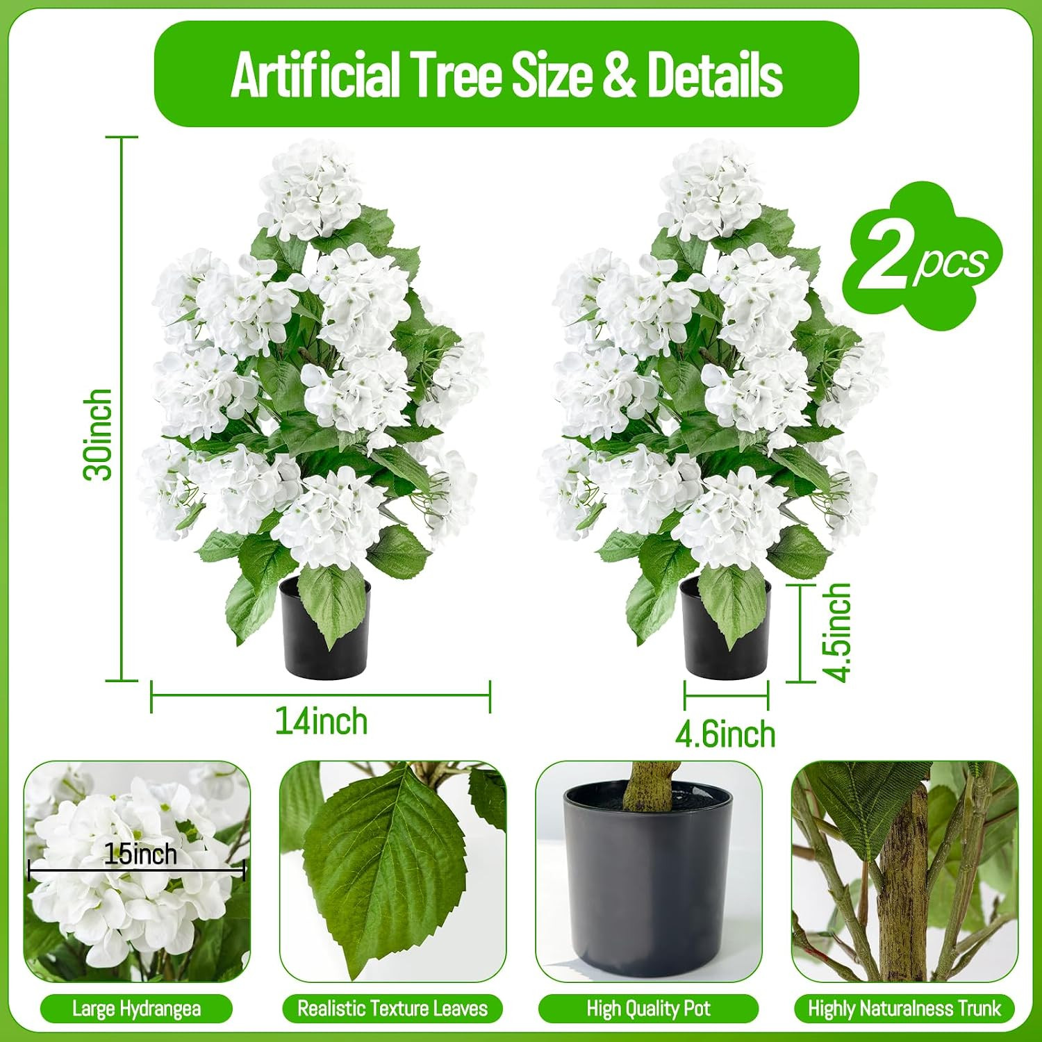 2 Pcs Artificial Hydrangea Tree 30″ Tall, Faux Silk Hydrangea Plant in Pot with