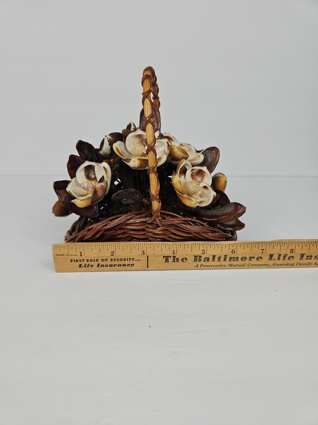 Seashell Art Floral Arrangement In Basket BOHO Vintage handmade decor 6 1/2″tall