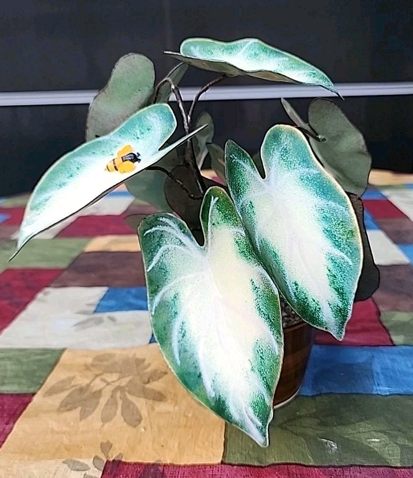 Vintage Enameled Metal Faux Variegated Alocasia Plant W Glazed Brown Pot *READ*