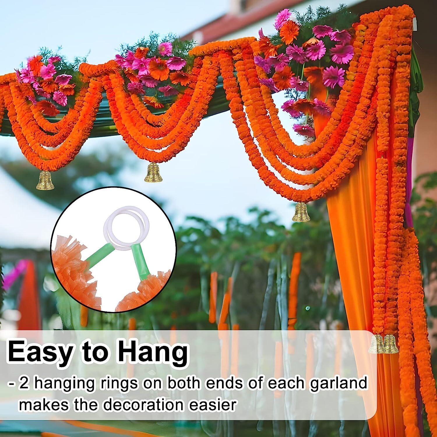 Marigold Garland with Bells 5 Pack Diwali Festival Stage Temple Decorations