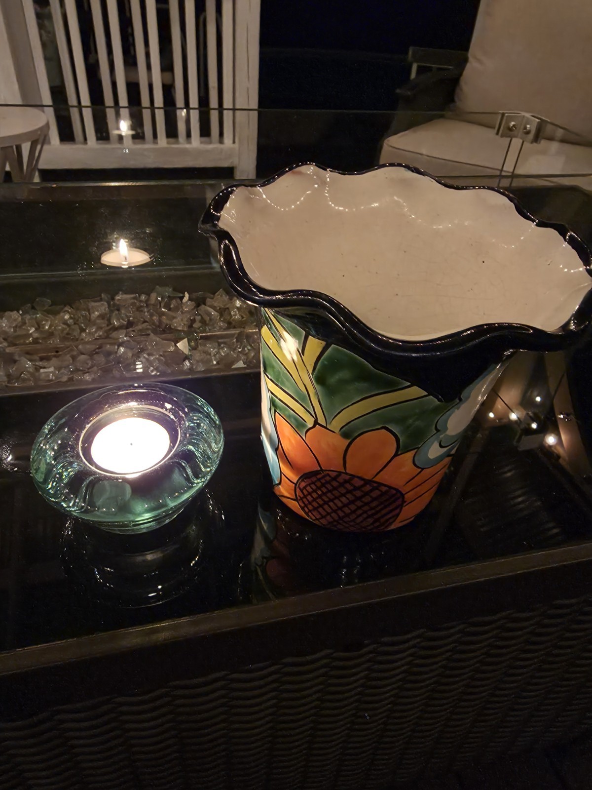 Talavera SunFlower and Lilies Planter Beautiful 6.5″ Wide x 6″ H Scalloped Edge
