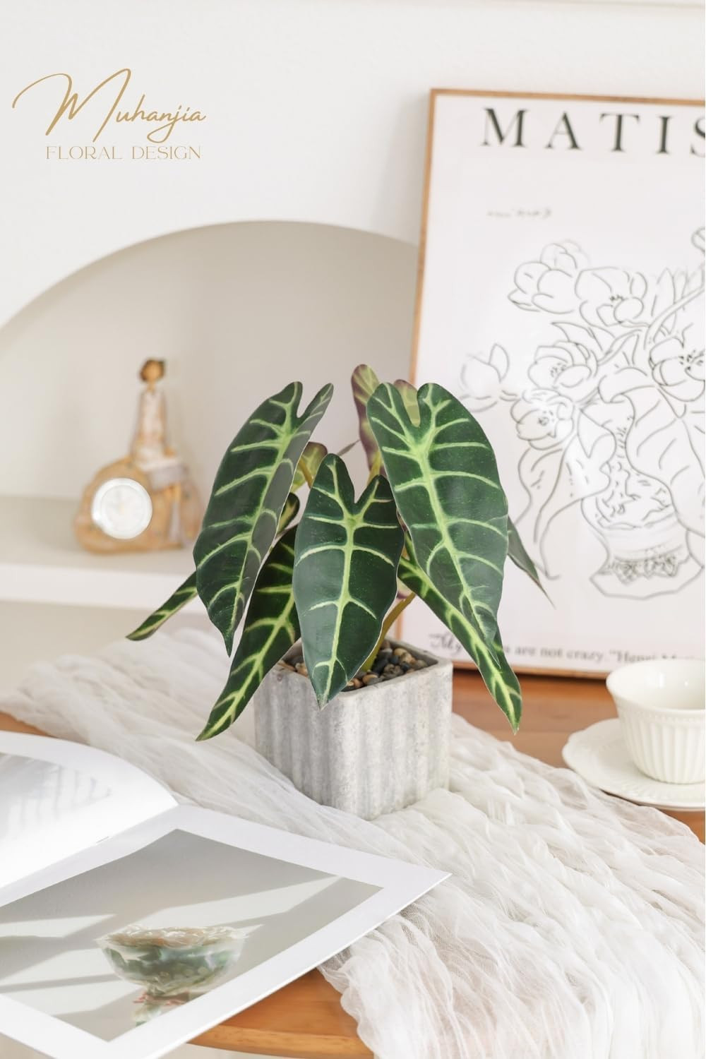Artificial Potted Plant, Lifelike Faux Greenery in Decorative Cement-Look Square