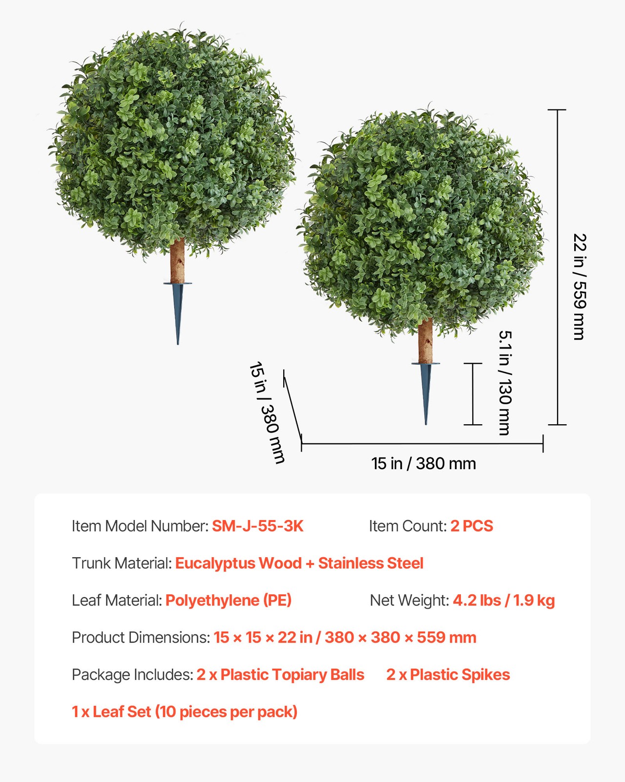 VEVOR Artificial Topiary Boxwood Tree with Ground Spike 22 Inch Faux Shrub