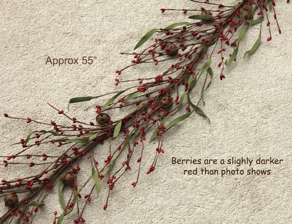 55″ Dark Antique Red PIP BERRY Wired Garland w/Rusty Tin BELLS & Green Leaves