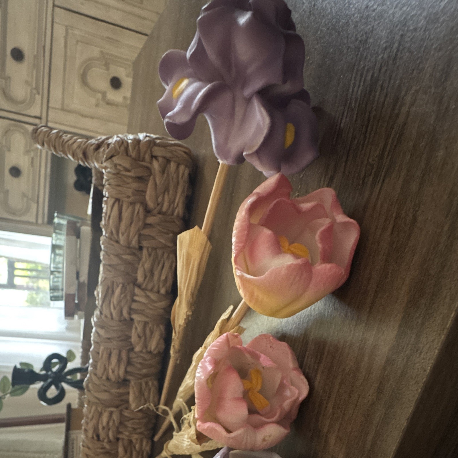 Porcelain Tulip Flower Stem Twigs Decor Purple Pink Yellow Floral