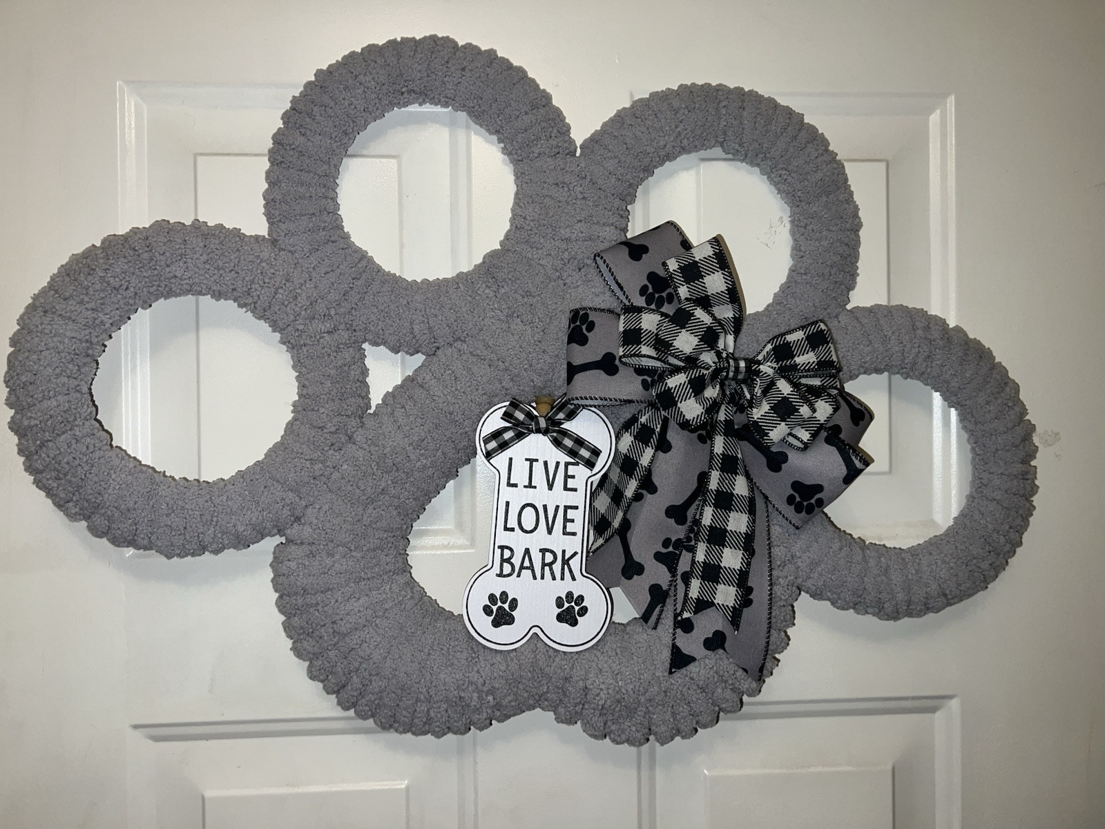 Live Love Bark Paw Print Wreath Grey Dog Paw Print LargeDoor Hanger Dog Mom Gift